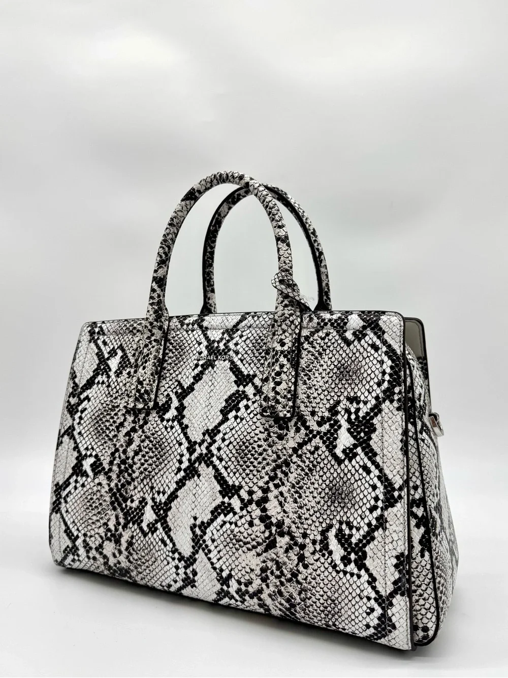 Michael Kors Laila Medium Snakeskin Leather Satchel Bag - Aluminum